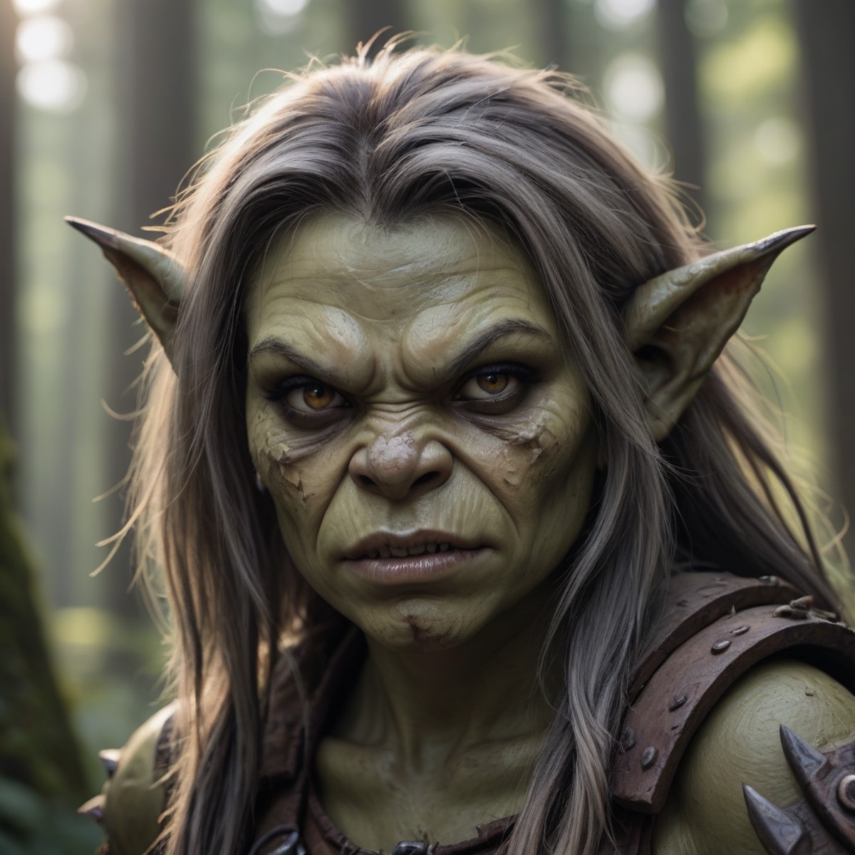 photo closeup of a ork woman  forest background, natural light